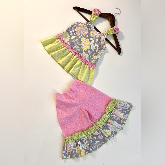 Boutique Girls 4T Floral Ruffle Tank & Bell Bottom Set Pink Green Paisley - Picture 3 of 8